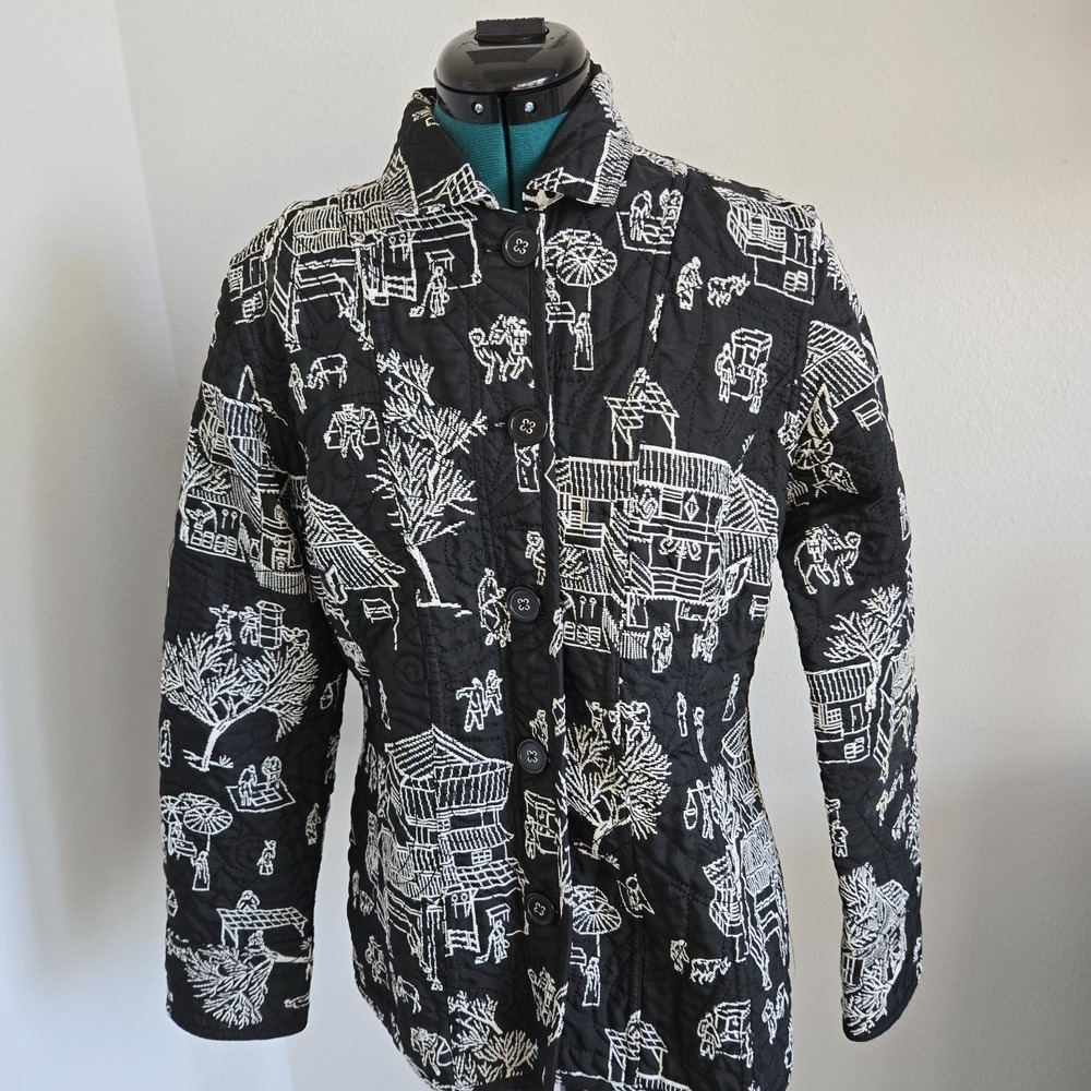 Chicos Reversible Jacket Womens 1 M Black White Asian Village Animal Print